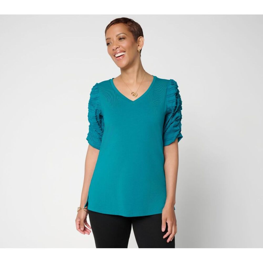 Belle by Kim Gravel Women's Top Sz M TripleLuxe Knit Ruched Sleeve Blue